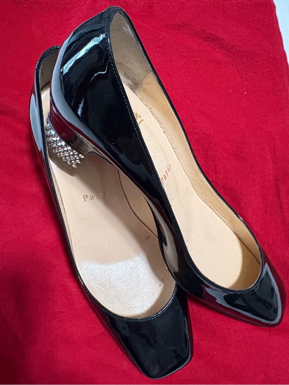 Christian Louboutin Black Patent Mid Heels with Crystal-Studded Block Heel